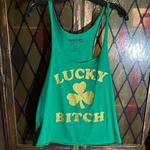 ✨2 for $15✨Kelly Green racerback tank top with sparkly gold lucky 🍀 b*tch front
